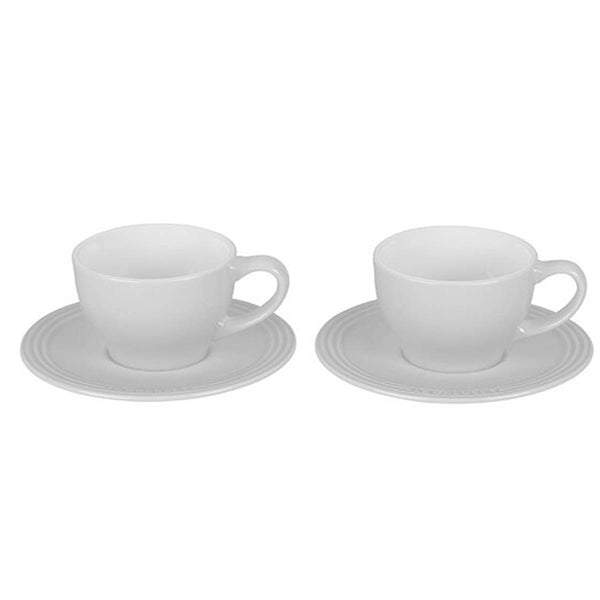 Le Creuset Stoneware Set of 2 Cappuccino Cups and Saucers 7 oz. each White