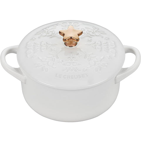 Le Creuset 24 oz. Noel Collection: Mini Cocotte - Embossed Tree w/ Gold Star Knob - White