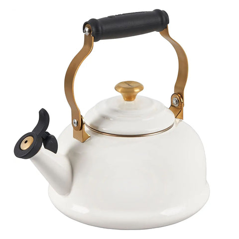 Le Creuset 1.7 qt. Noel Collection: Whistling Kettle - White w/ Gold Knob & Accents