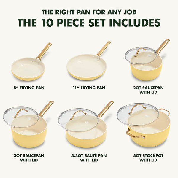  GreenPan Reserve Hard Anodized Healthy Ceramic Nonstick 10  Piece Cookware Pots and Pans Set, Gold Handle, PFAS-Free, Dishwasher Safe,  Oven Safe, Sunrise Yellow: Home & Kitchen