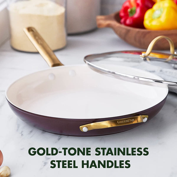 Reserve Ceramic Nonstick 12 Frypan with Lid and Helper Handle | Black with  Gold-Tone Handles